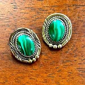 Genuine malachite and sterling silver marked Native American Clip On earrings.